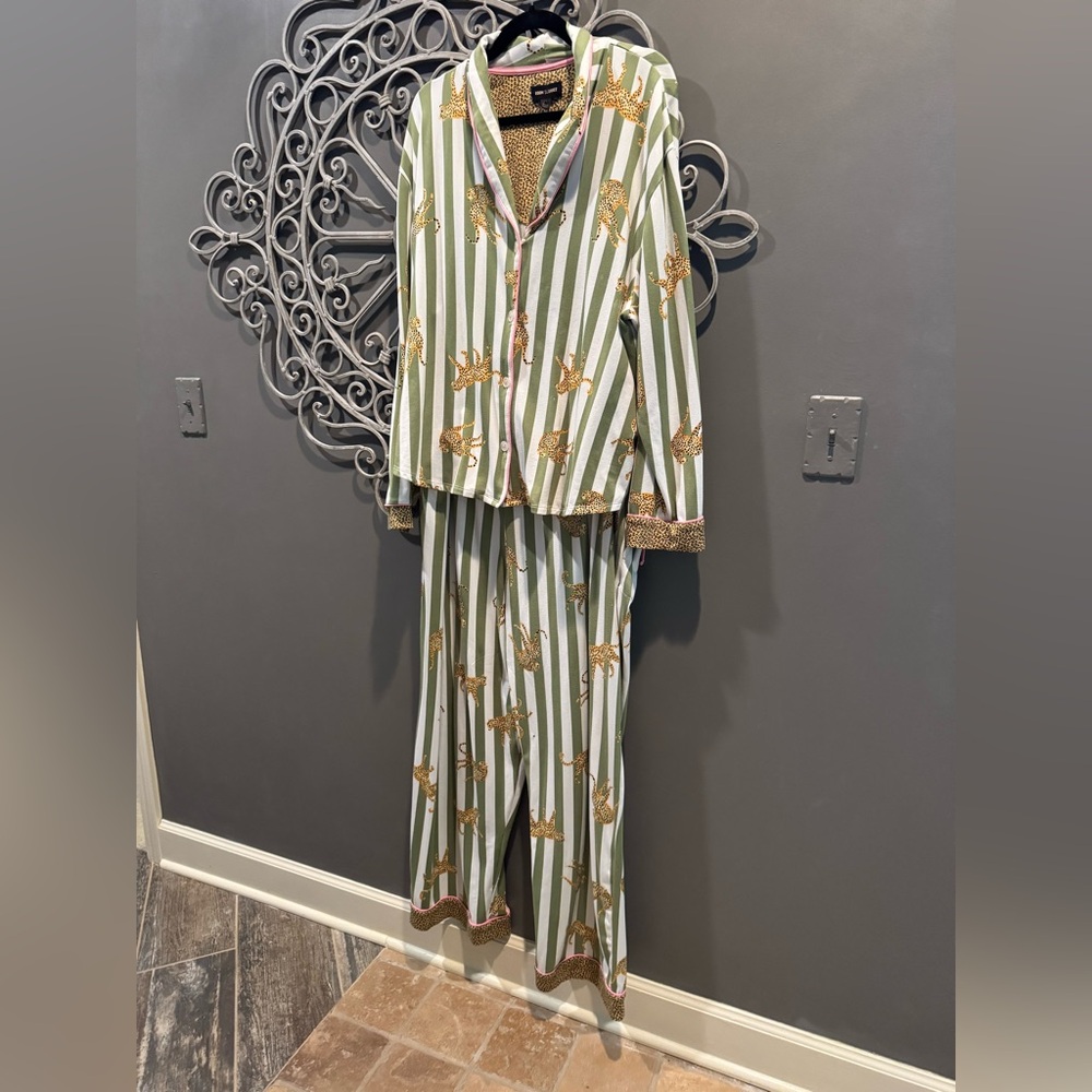 Women plus room service 2 pc pj pants set green white pink stripe leopard sz 2x